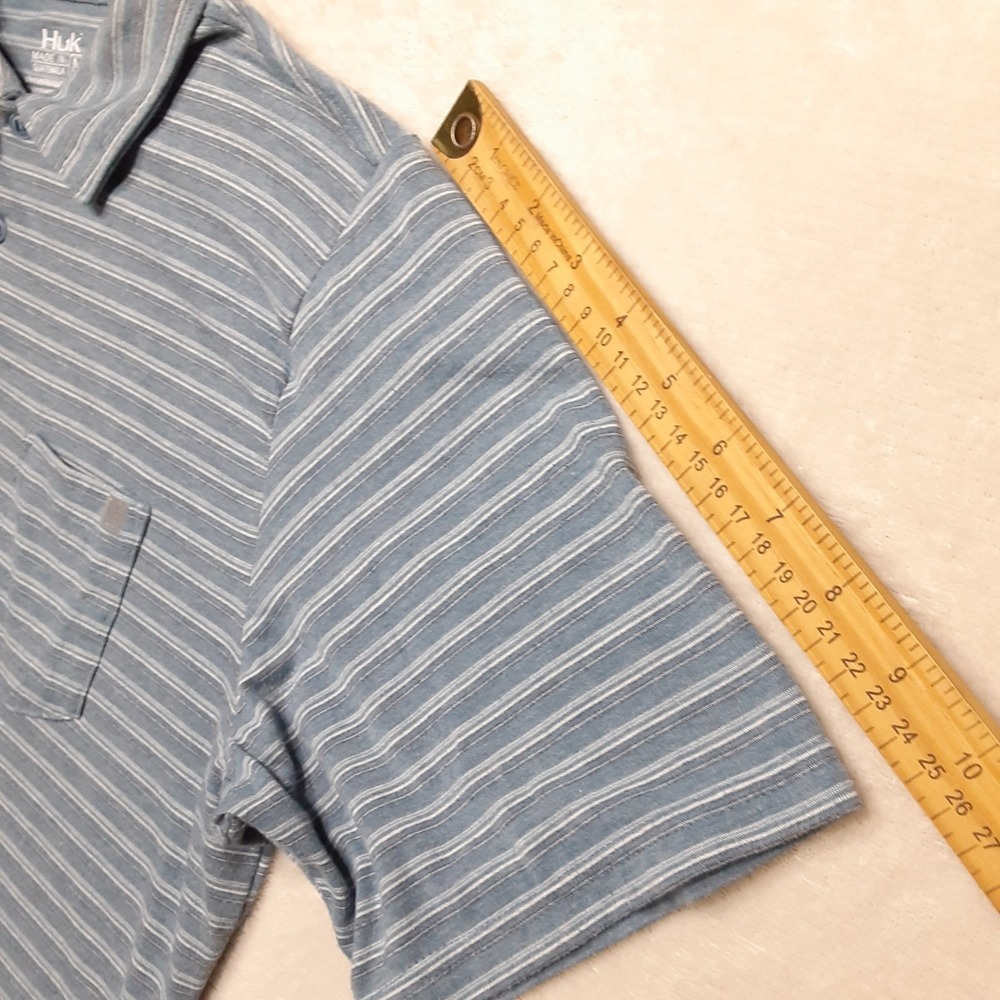 Huk Mens Performance Polo Medium Blue Chest Pocket Striped Rayon Blend - Picture 5 of 9